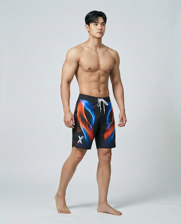 SPIRAL FLAME GRAPHIC SURF SHORTS